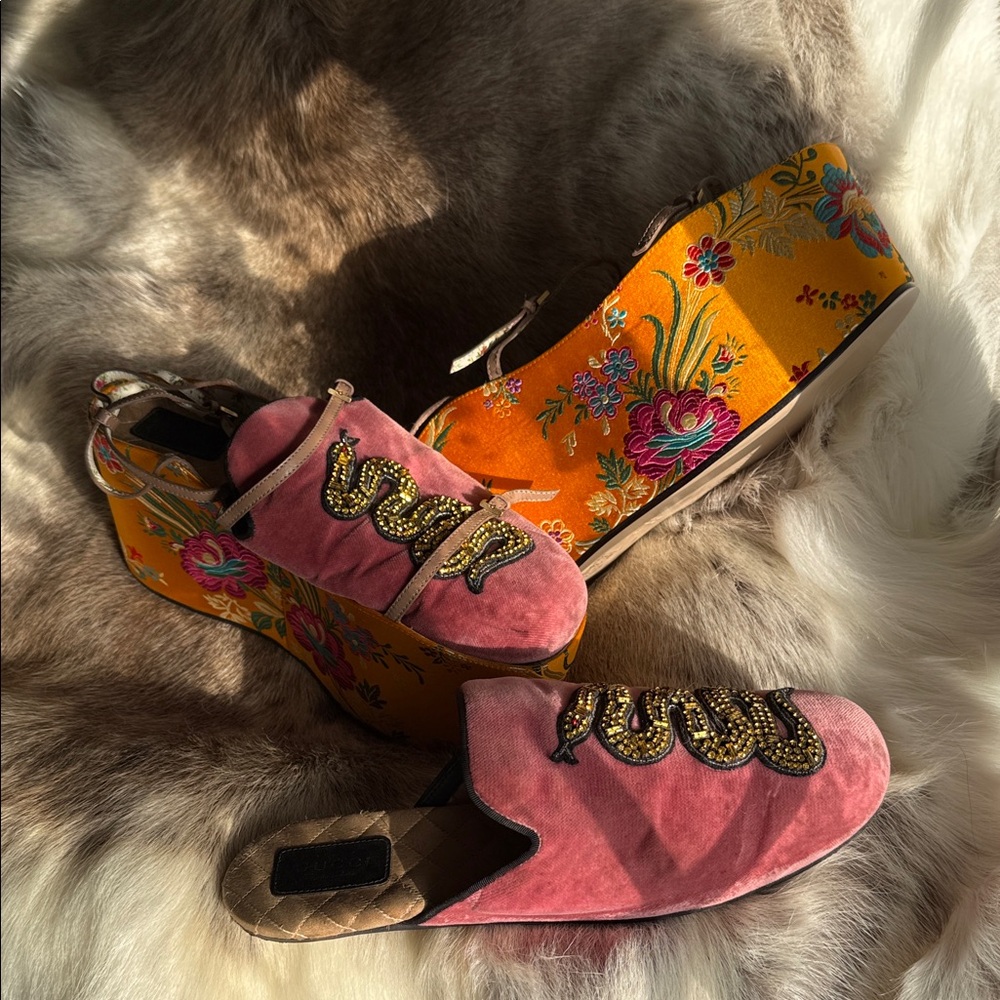 Gucci floral embroidered silk sandal + beaded snake velvet loafer set.